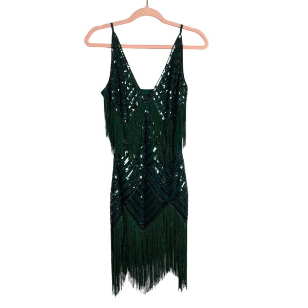 Babeyond Dark Green Beaded Sequin V-Neck Mini Dress NWT- Size XS Fashion