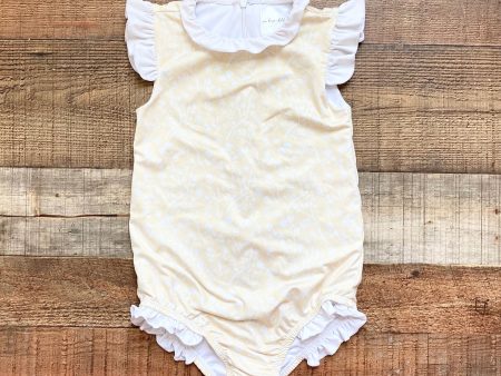 Sun House Children s Pale Yellow with White Floral Pattern Ruffle One Piece- Size 5 Online