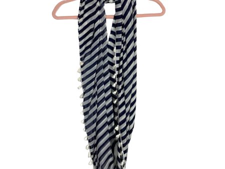 J Crew 100% Silk Navy and White Pom Pom Trim Infinity Scarf Sale