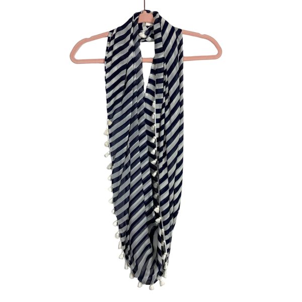 J Crew 100% Silk Navy and White Pom Pom Trim Infinity Scarf Sale