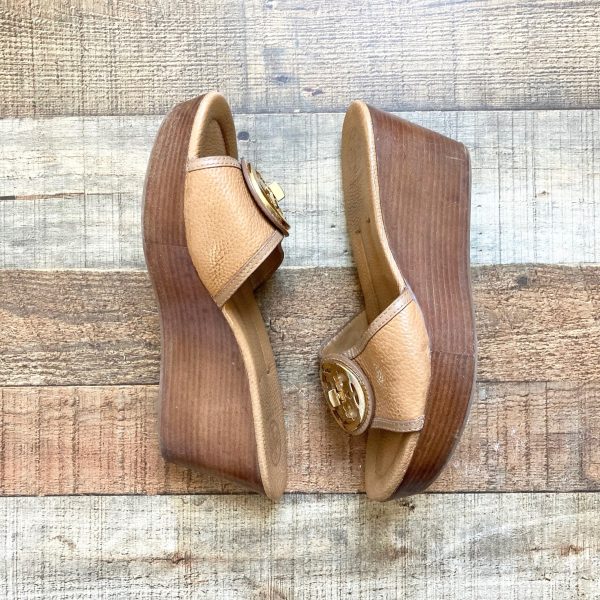 Tory Burch Camel Leather Wedge Slip On Sandals- Size 10 (see notes) Online now