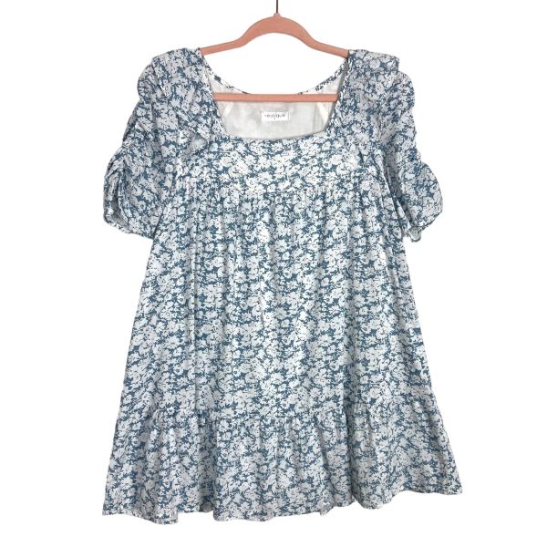 Vestique Blue White Floral Print with Cinched Sleeves Blue Sky Babydoll Dress- Size S (sold out online) For Discount