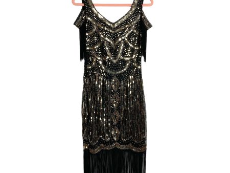 Babeyond Black Gold Beaded Sequin Off Shoulder Flapper Fringe Dress NWT- Size S For Discount