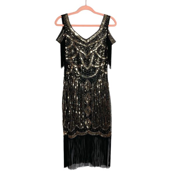 Babeyond Black Gold Beaded Sequin Off Shoulder Flapper Fringe Dress NWT- Size S For Discount