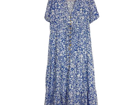 Zara Blue White Floral Linen Blend Button Front with Tie Midi Dress- Size S Online Hot Sale