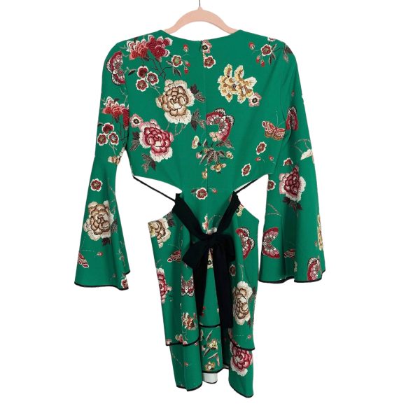 Zara Woman Green Floral Side Cutout Belted Bell Sleeve Dress- Size XS For Sale