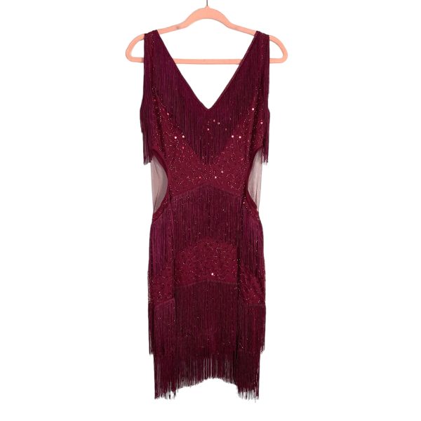 Babeyond Dark Red Beaded with Sequins Embroidery Multi-Layered Tassel Dress- Size S Discount