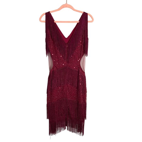 Babeyond Dark Red Beaded with Sequins Embroidery Multi-Layered Tassel Dress- Size S Discount