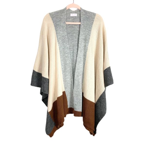 Pink Lily Gray Beige Brown Color Block Poncho Style Cardigan- Size OS (sold out online) Online Hot Sale