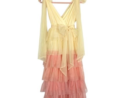 AURA Yellow and Pink Tulle Tiered Belted Dress- Size S Hot on Sale