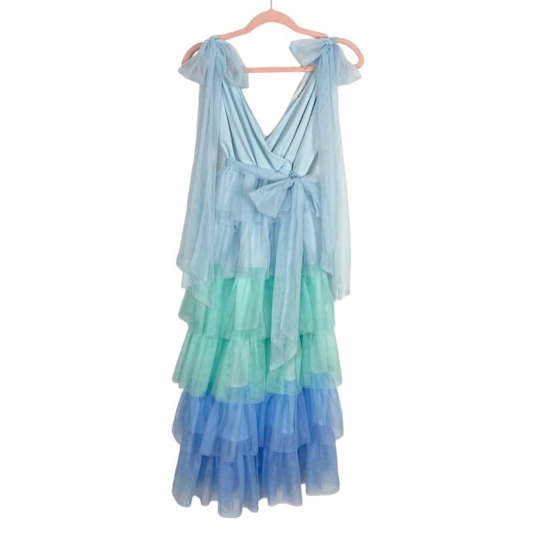 AURA Blue and Green Tulle Tiered Belted Dress- Size S (sold out online) Hot on Sale